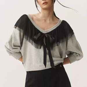 Anthropologie Maeve V-Neck Coquette Bow Sweater Light Grey Large Petite LP